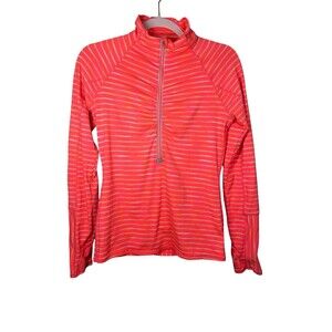 Athleta Striped Elite 1/2 Half Zip Pullover Size S Neon Orange Lightweight Train